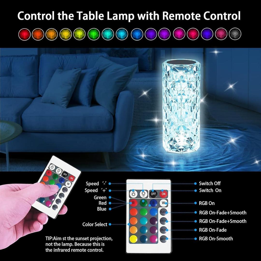 Crystal Diamond LED Touch Lamp – RGB Color Changing Table Night Light with Remote Control