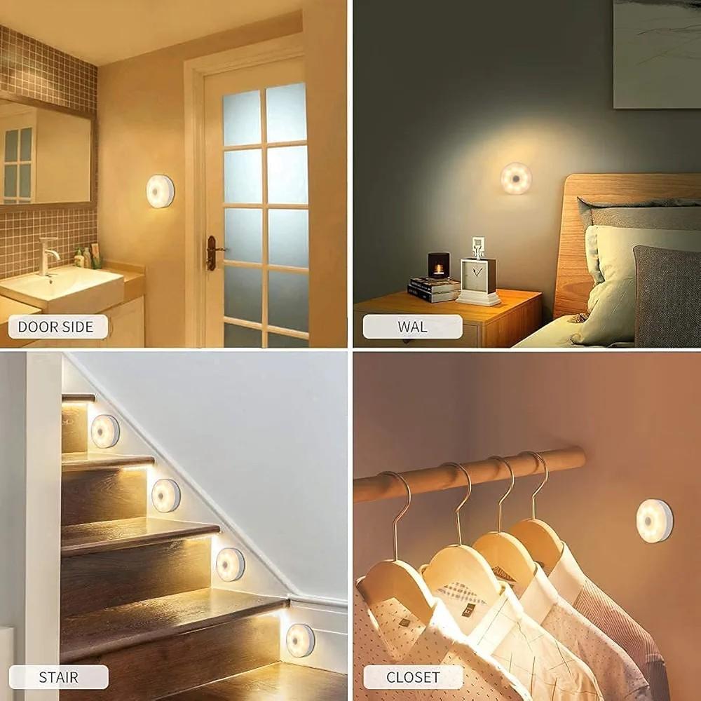 Rechargeable Motion Sensor LED Lamp – White Round Night Light for Wardrobe, Bedroom & Hallway