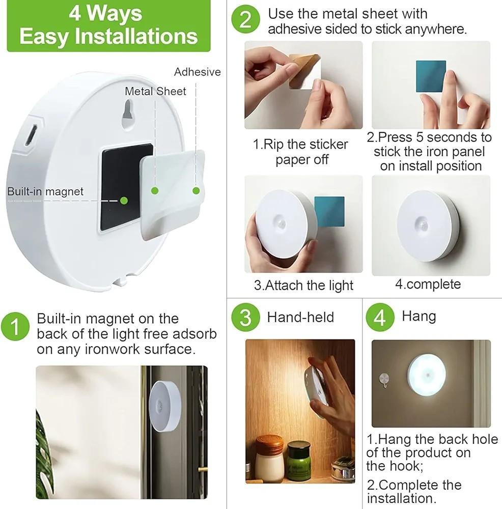 Rechargeable Motion Sensor LED Lamp – White Round Night Light for Wardrobe, Bedroom & Hallway